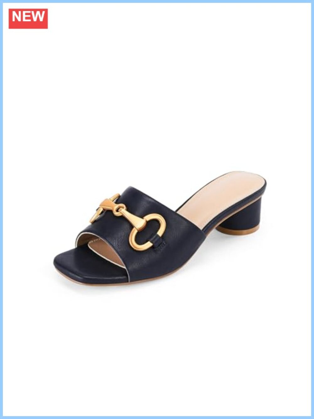 Faux Leather Heeled Slide Sandals Square Toe Kitten Block Low Heel Chain Slip On